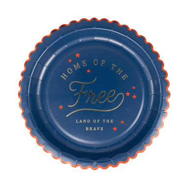 Blue paper plate with 'Home of the Free, Land of the Brave' text on a white background
