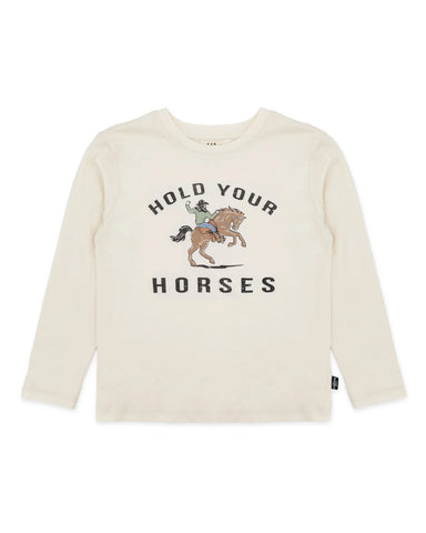 A long sleeve tee with a Hold Your Horses graphic on the front