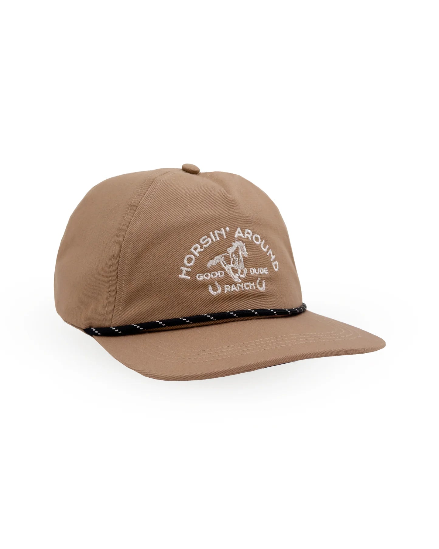 A snapback hat featuring brim rope and embroidered fish patch on the front panel.