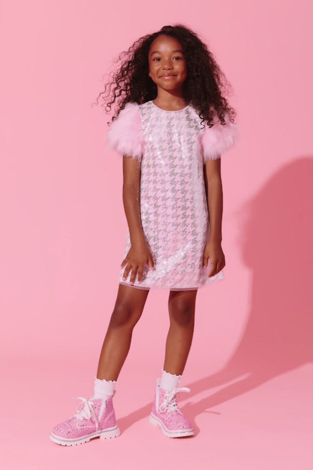 Party Dress - Houndstooth Feather Sleeve