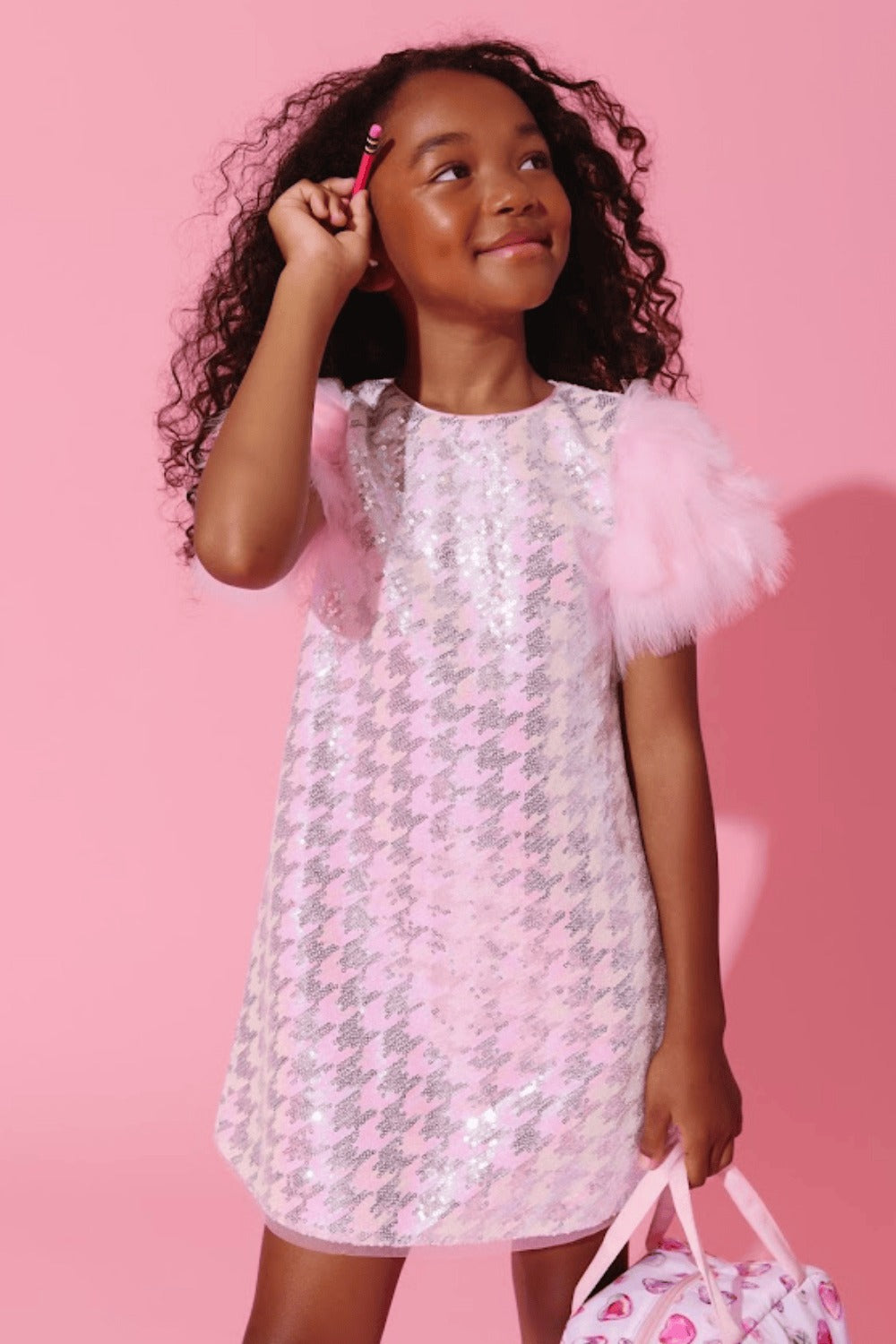 Party Dress - Houndstooth Feather Sleeve