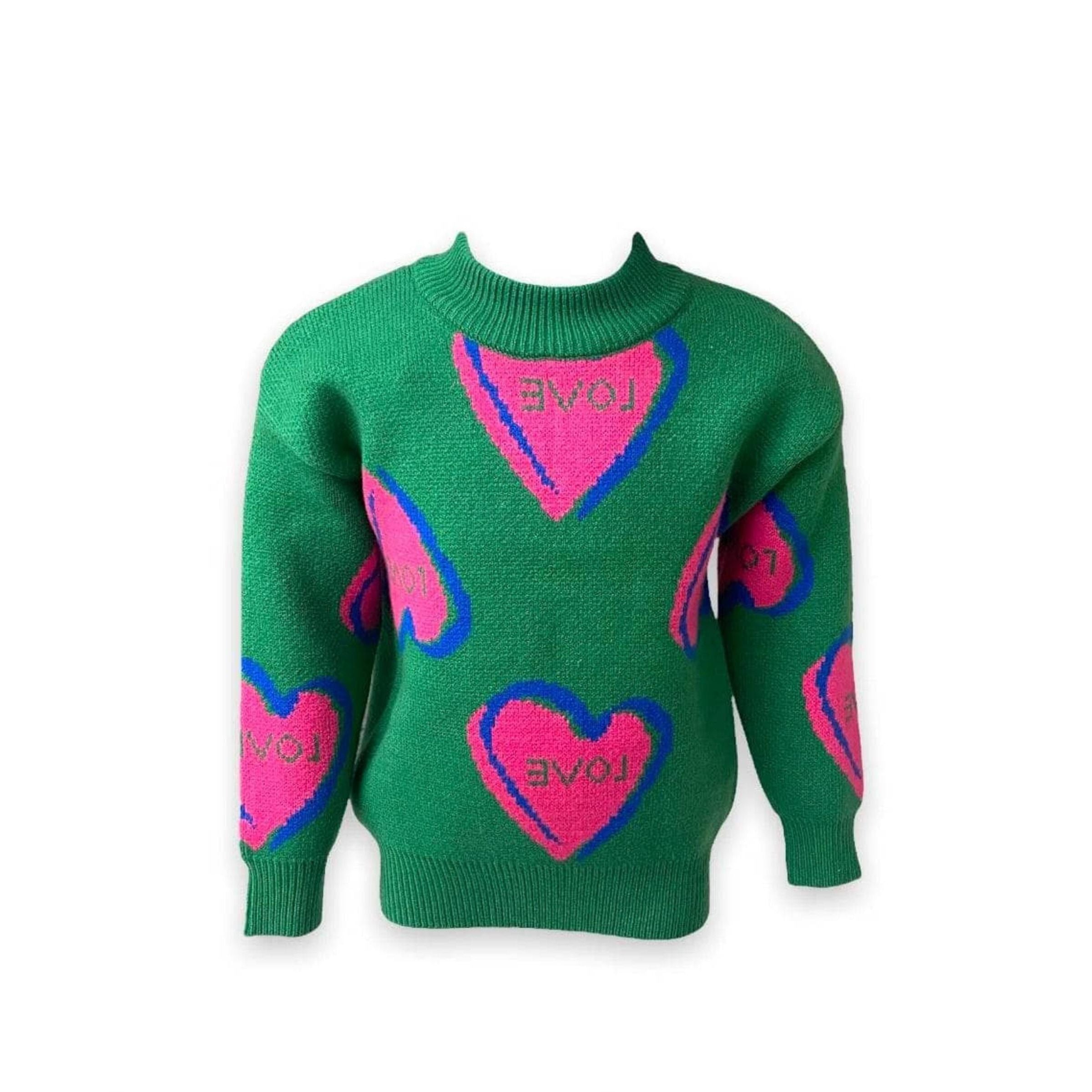 green long sleeve sweater with knit pink and blue hearts with "love" printed inside