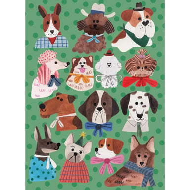 Illustrations of dogs in various outfits on a green polka dot background
