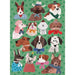 Illustrations of dogs in various outfits on a green polka dot background