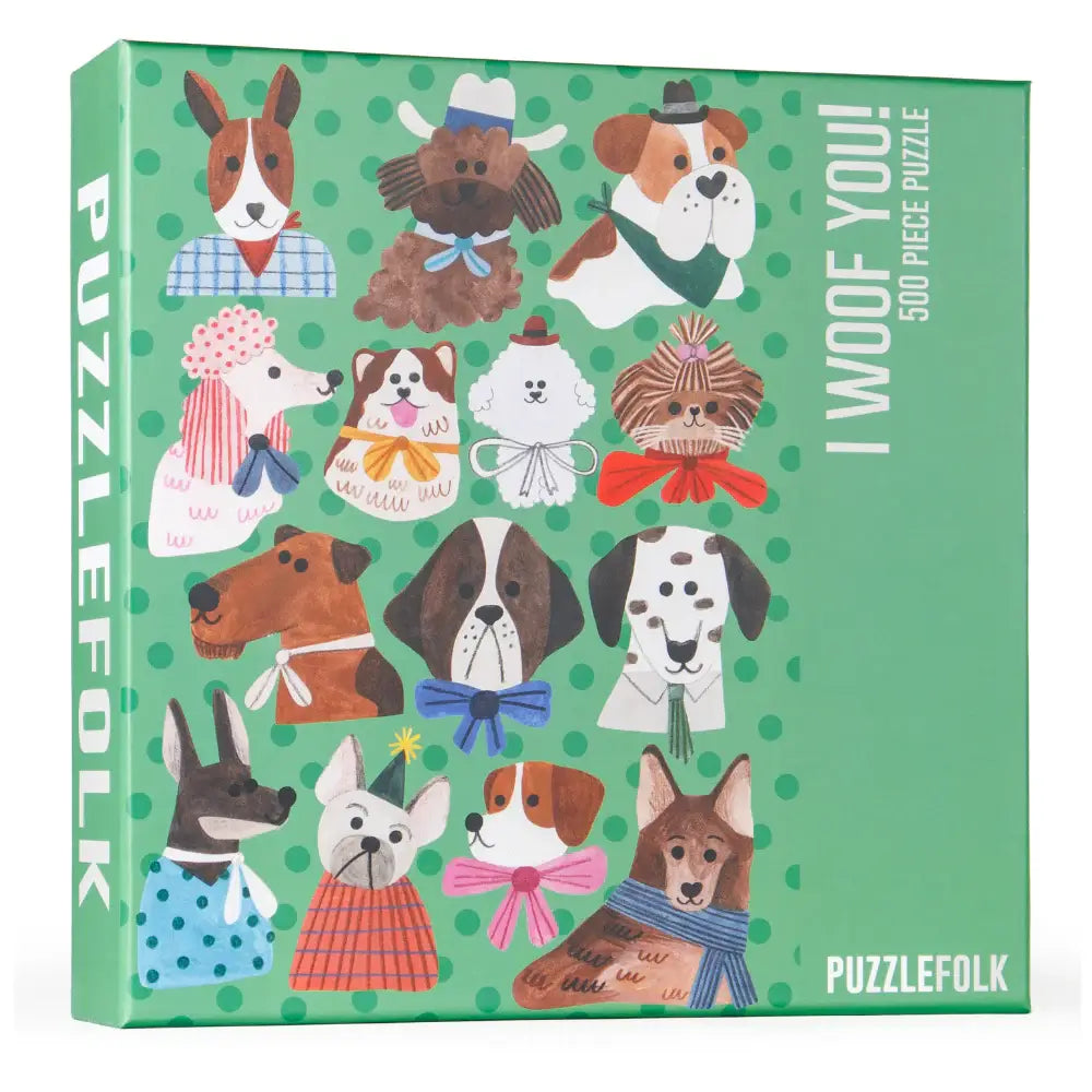 Puzzle box with illustrations of dogs wearing various outfits on a green background