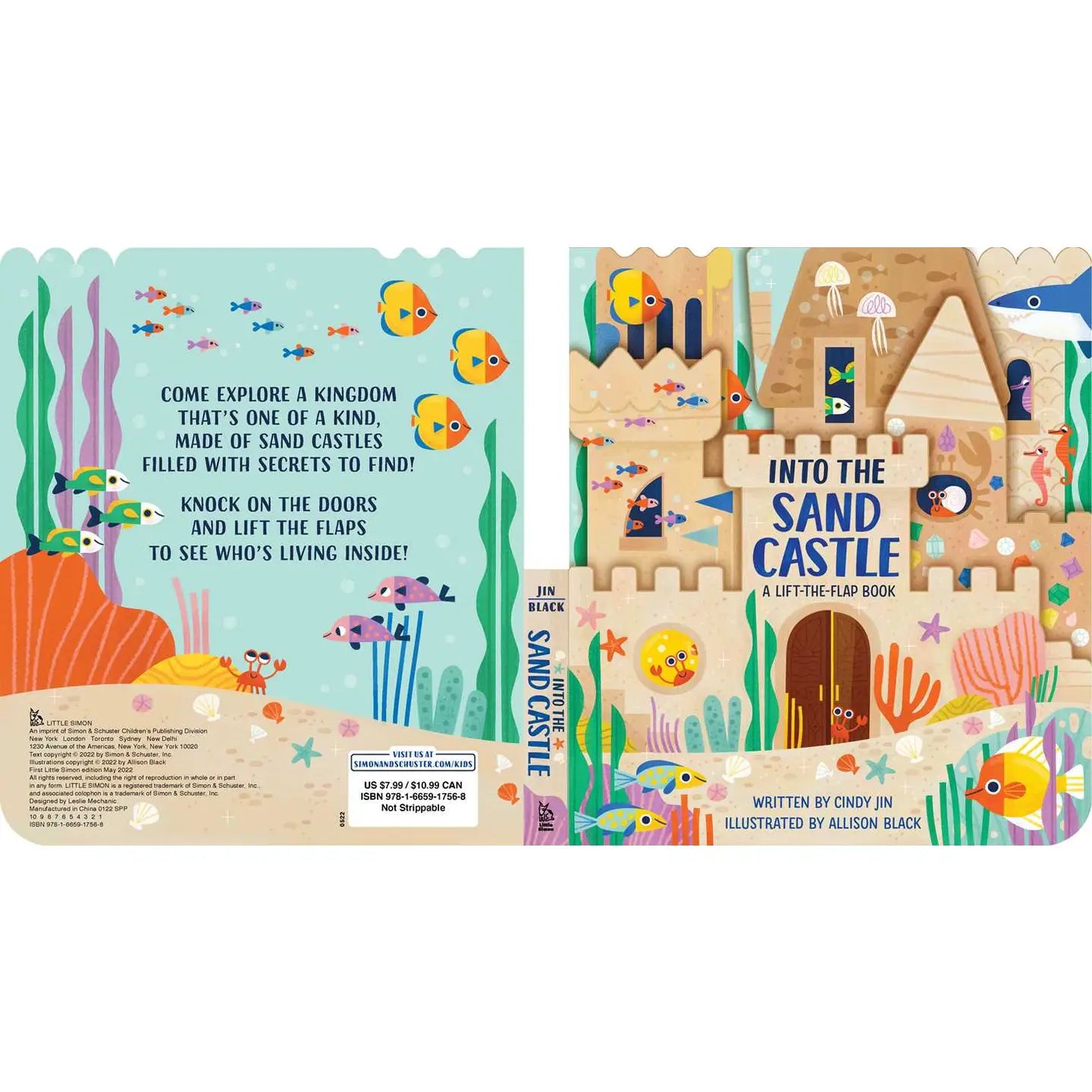 Children's book titled 'Into the Sand Castle' with colorful illustrations of a sandcastle and sea creatures on a white background.