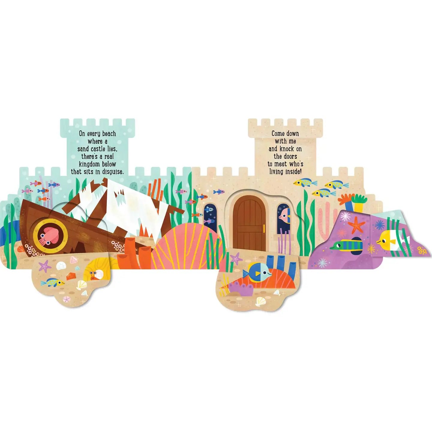 Colorful children's book or educational tool with illustrations of a castle, boat, and underwater scene on a white background.