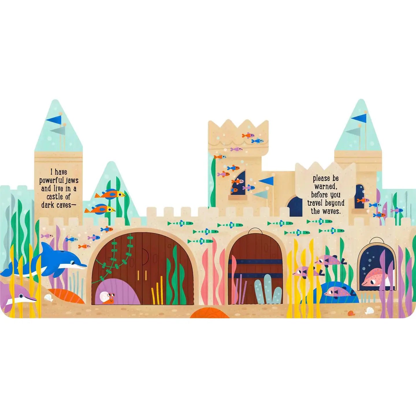 Illustrated underwater castle with fish and sea creatures on a white background