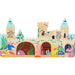 Illustrated underwater castle with fish and sea creatures on a white background
