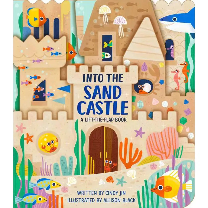 Colorful book cover of 'Into the Sand Castle' with sandcastle design and sea creatures.