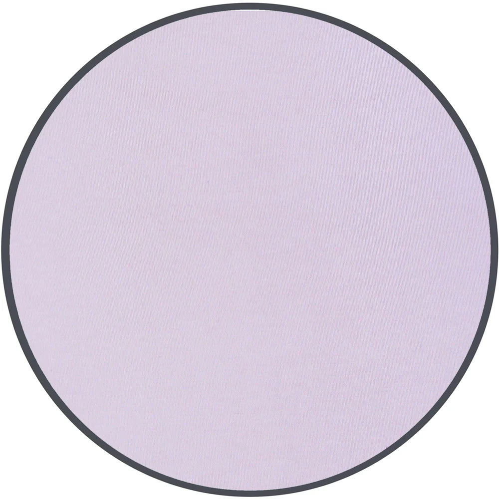 Round purple fabric sample with a black border on a white background