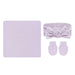 Baby accessory set with headband, socks, and blanket in light purple on a white background