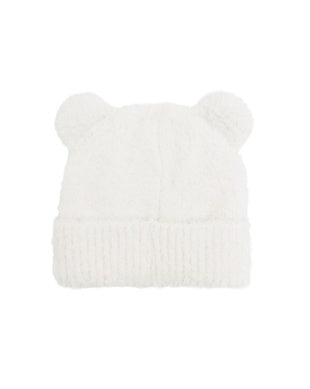 A white fuzzy knit beanie hat with two small bear ears on top, shown against a plain white background.