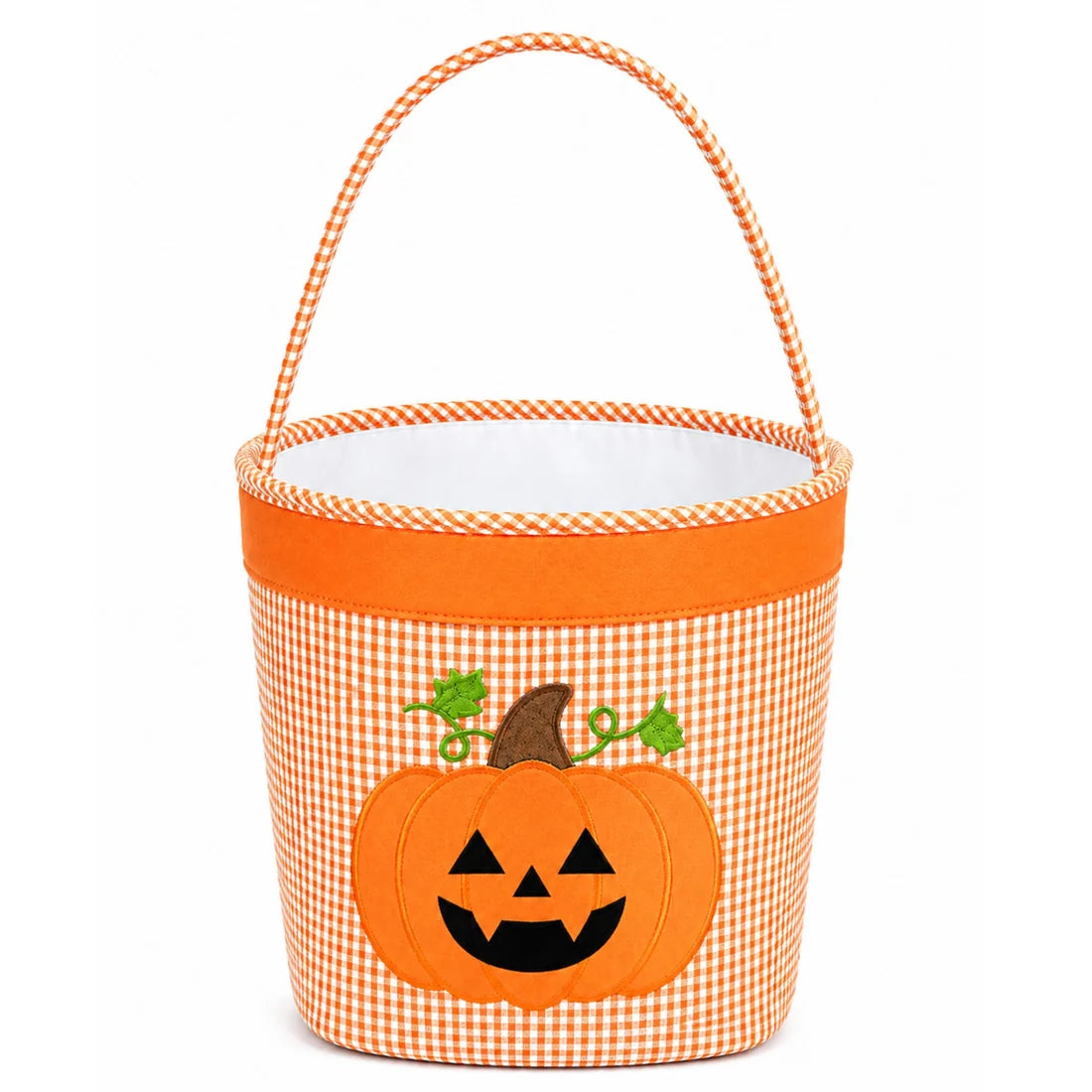 An orange and white gingham fabric bucket basket with a rope handle, featuring a large applique jack-o'-lantern on the front.