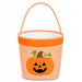 An orange and white gingham fabric bucket basket with a rope handle, featuring a large applique jack-o'-lantern on the front.