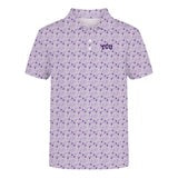 Lavender boys polo shirt with short sleeves repeated geometric pattern and small TCU logo by Scarlet and Gold for comfortable game day wear