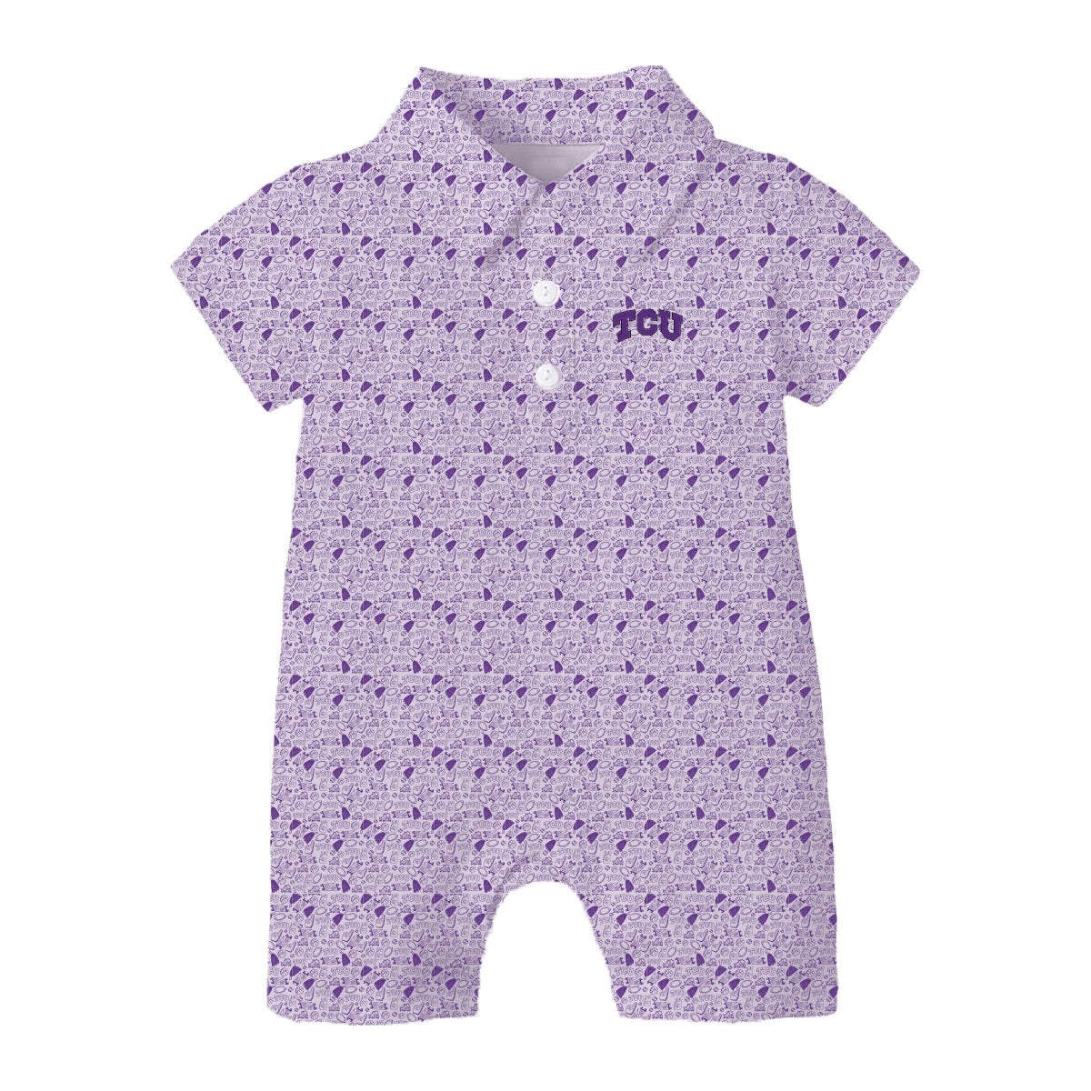 Lavender patterned baby romper with a collared neckline short sleeves snap closures and TCU logo from Scarlet and Gold