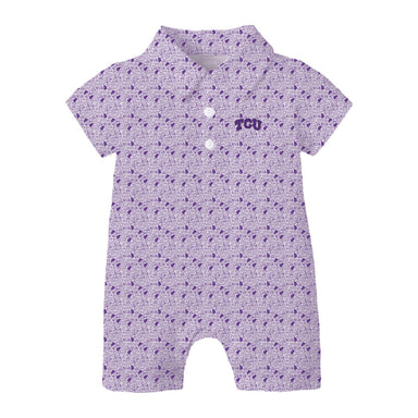 Lavender patterned baby romper with a collared neckline short sleeves snap closures and TCU logo from Scarlet and Gold