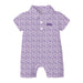Lavender patterned baby romper with a collared neckline short sleeves snap closures and TCU logo from Scarlet and Gold