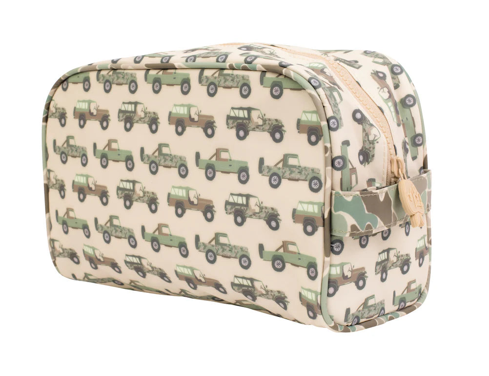 Cosmetic bag with jeep pattern on a beige background