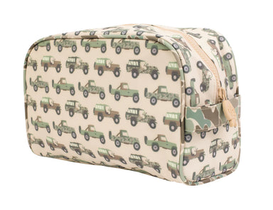Cosmetic bag with jeep pattern on a beige background