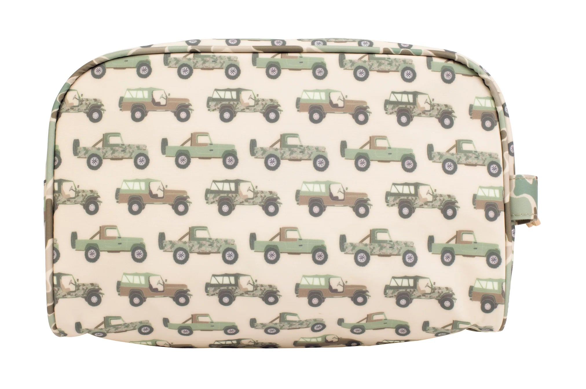 Cosmetic bag with jeep pattern on a beige background