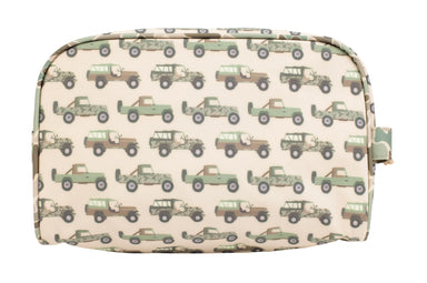 Cosmetic bag with jeep pattern on a beige background