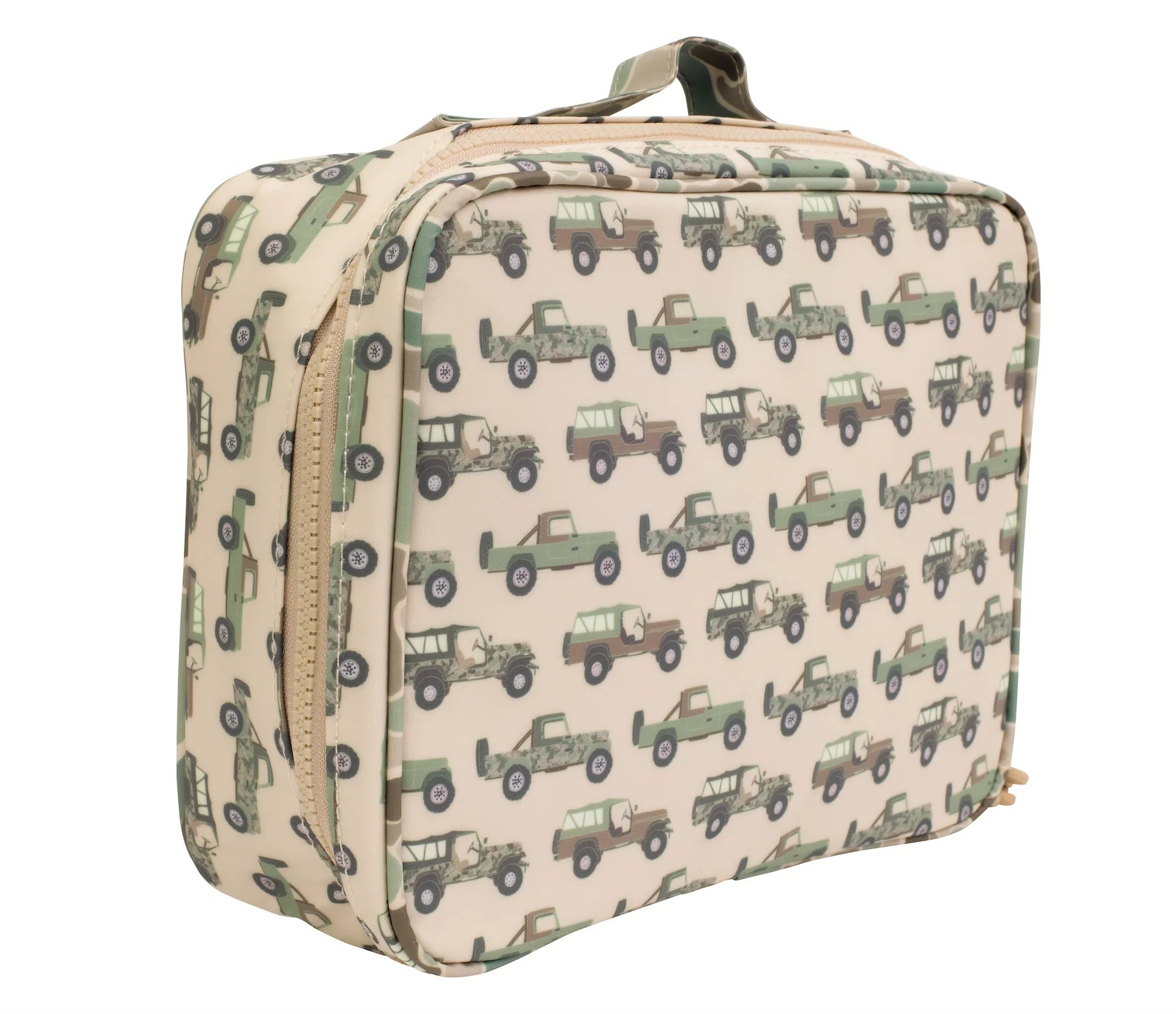 Lunch box with jeep pattern on a beige background