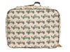 Lunch box with green jeep pattern on a beige background