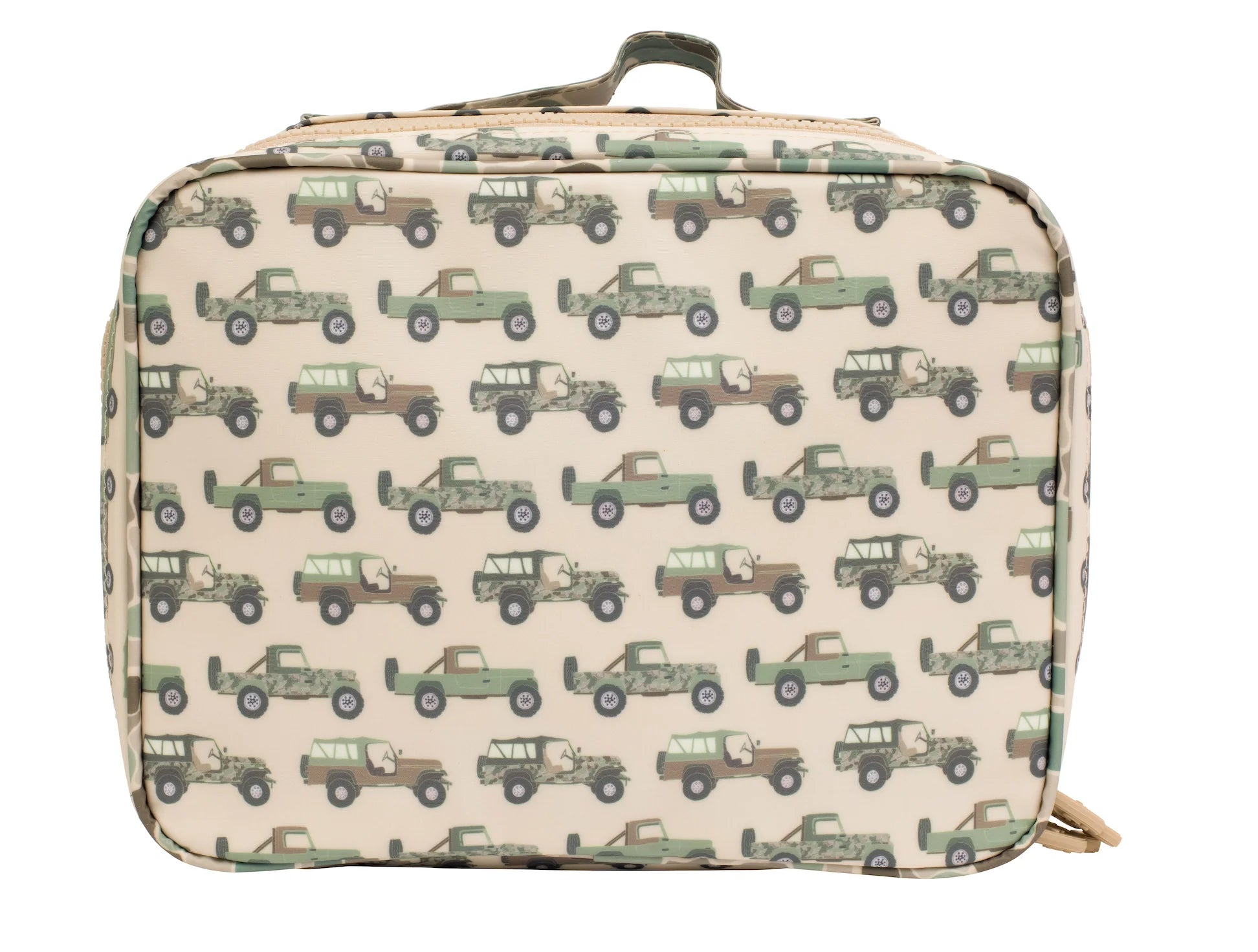 Lunch box with green jeep pattern on a beige background