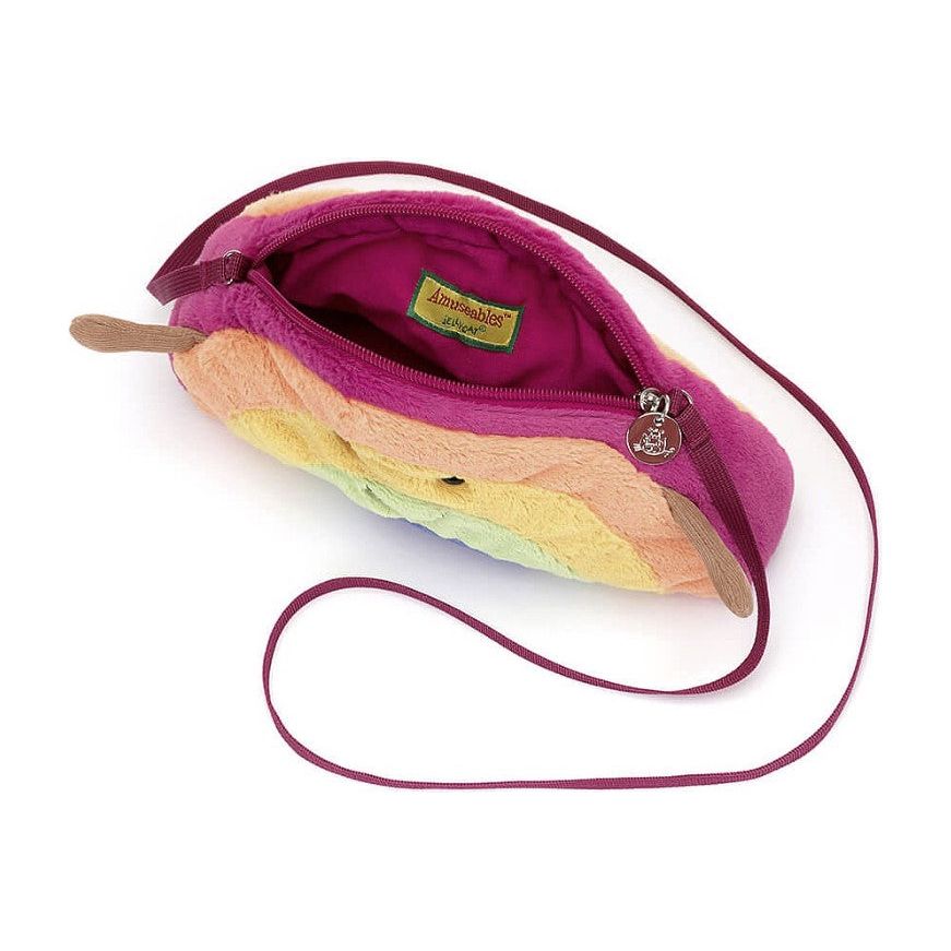 inside view of plush rainbow purse with smiley face