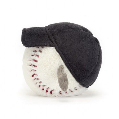 side view of small baseball plush stuffed toy with baseball hat
