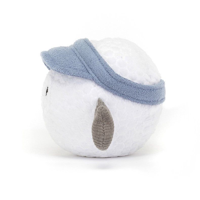 side view of white golf ball plush toy with blue visor