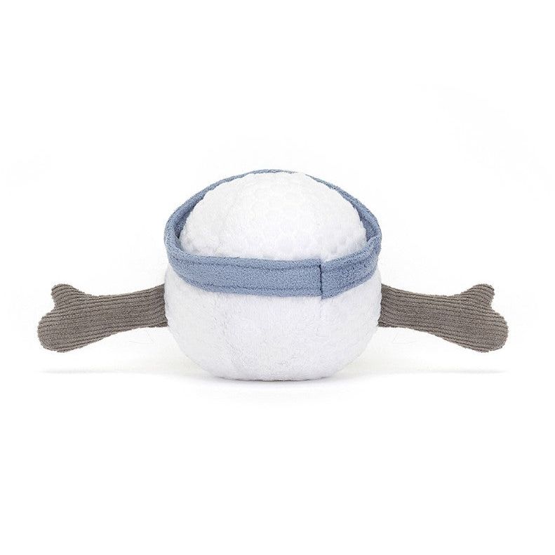 back view of white golf ball plush toy with blue visor