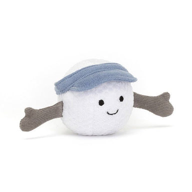 front view of golf ball plush toy with blue visor