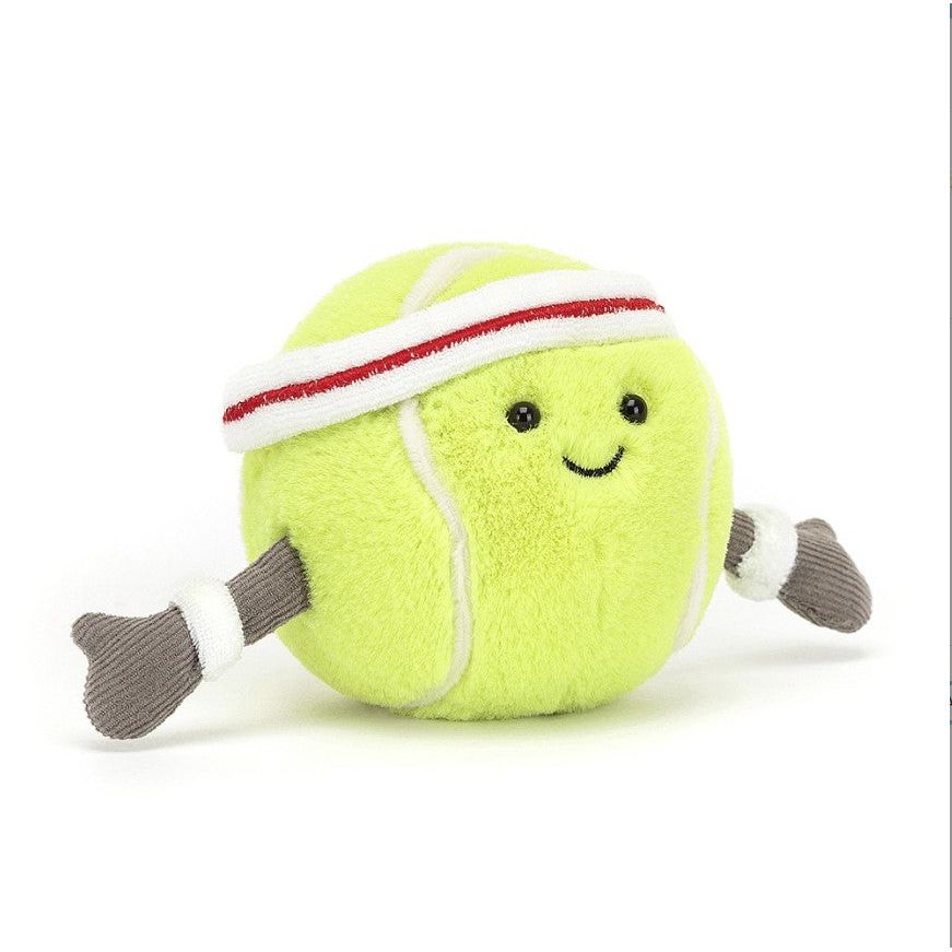 plush tennis ball with smiling face and sweatband 