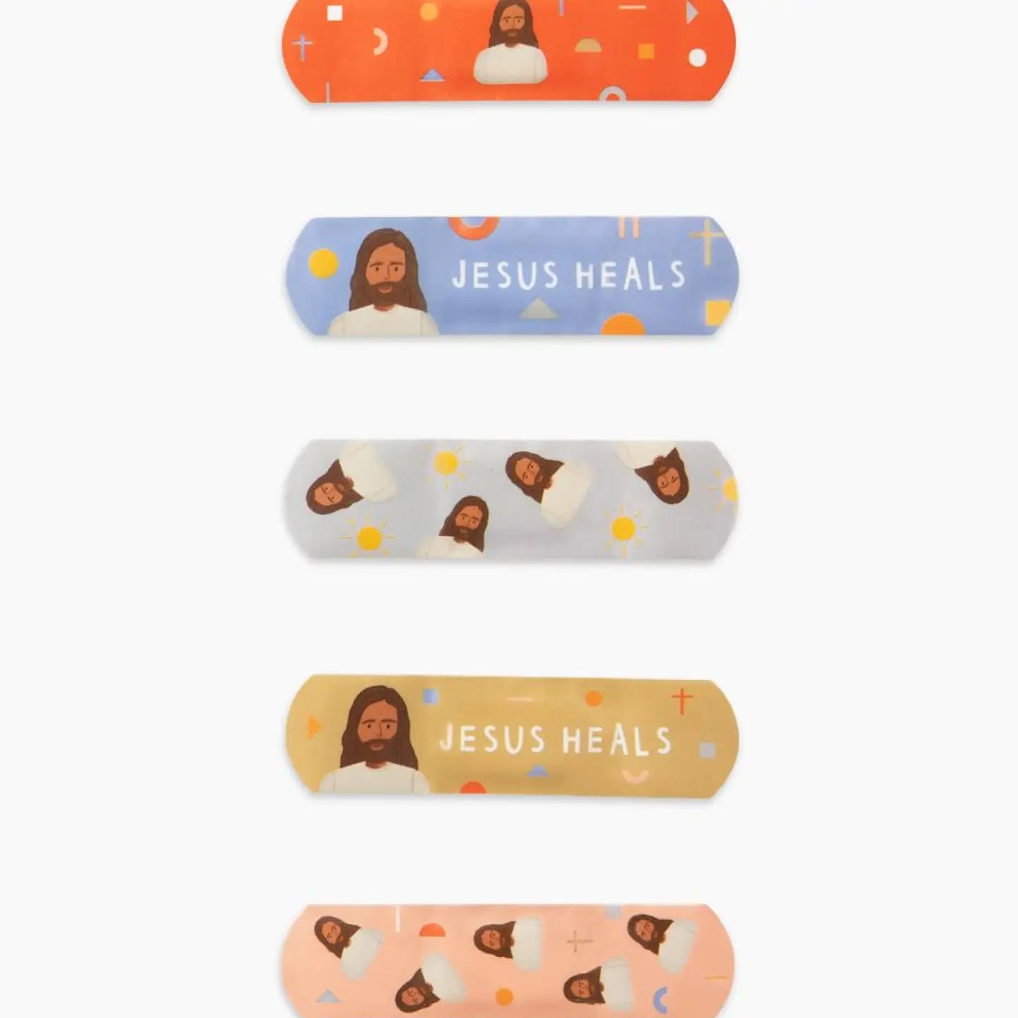 Set of band-aids with Jesus Heals text and illustrations on a white background
