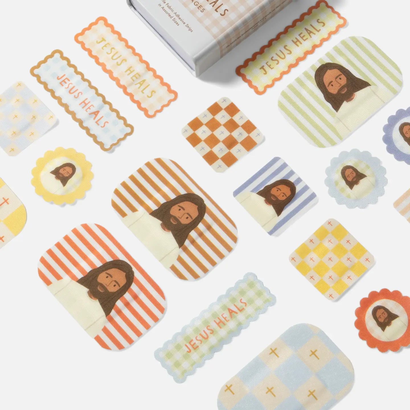 Collection of decorative stickers with religious designs and text on a white background