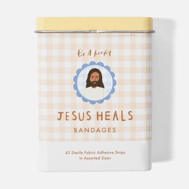 Bandage container with 'Jesus Heals' text and checkered pattern on a white background