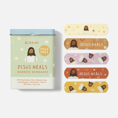 Jesus Heals bamboo bandages with packaging on a white background