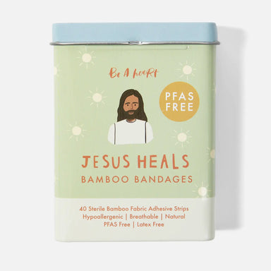 Bamboo bandages packaging with 'Jesus Heals' branding on a light green background