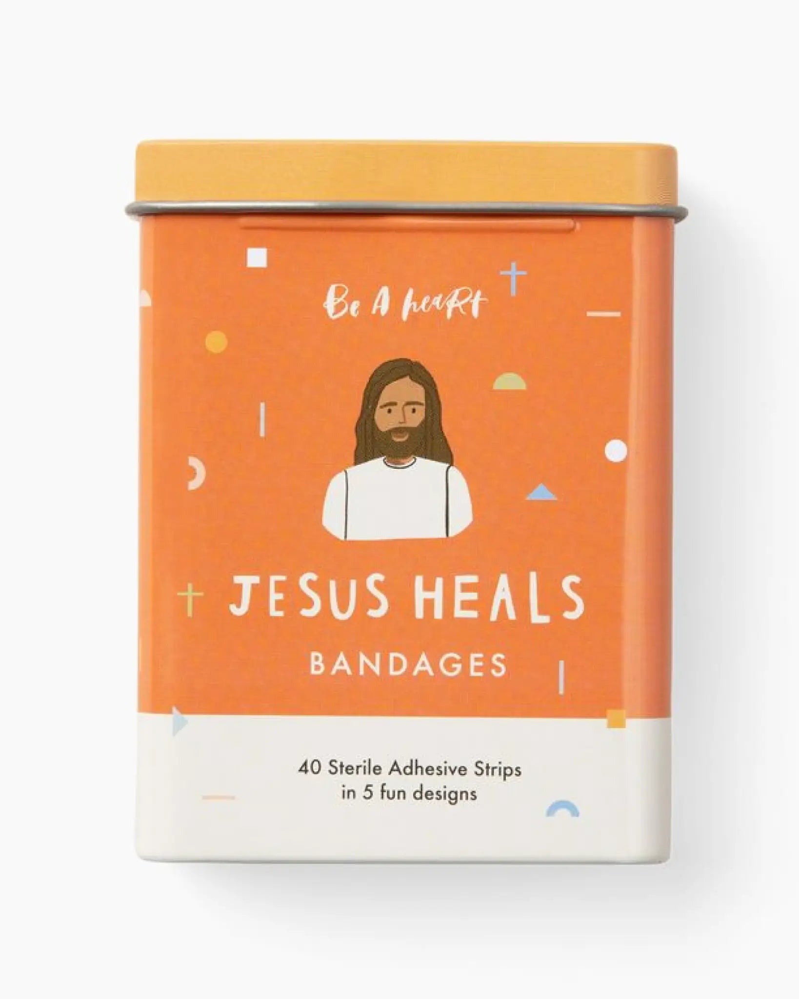Bandage container with 'Jesus Heals' branding on an orange background