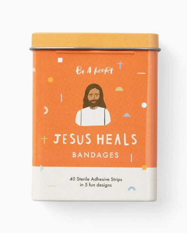 Bandage container with 'Jesus Heals' branding on an orange background