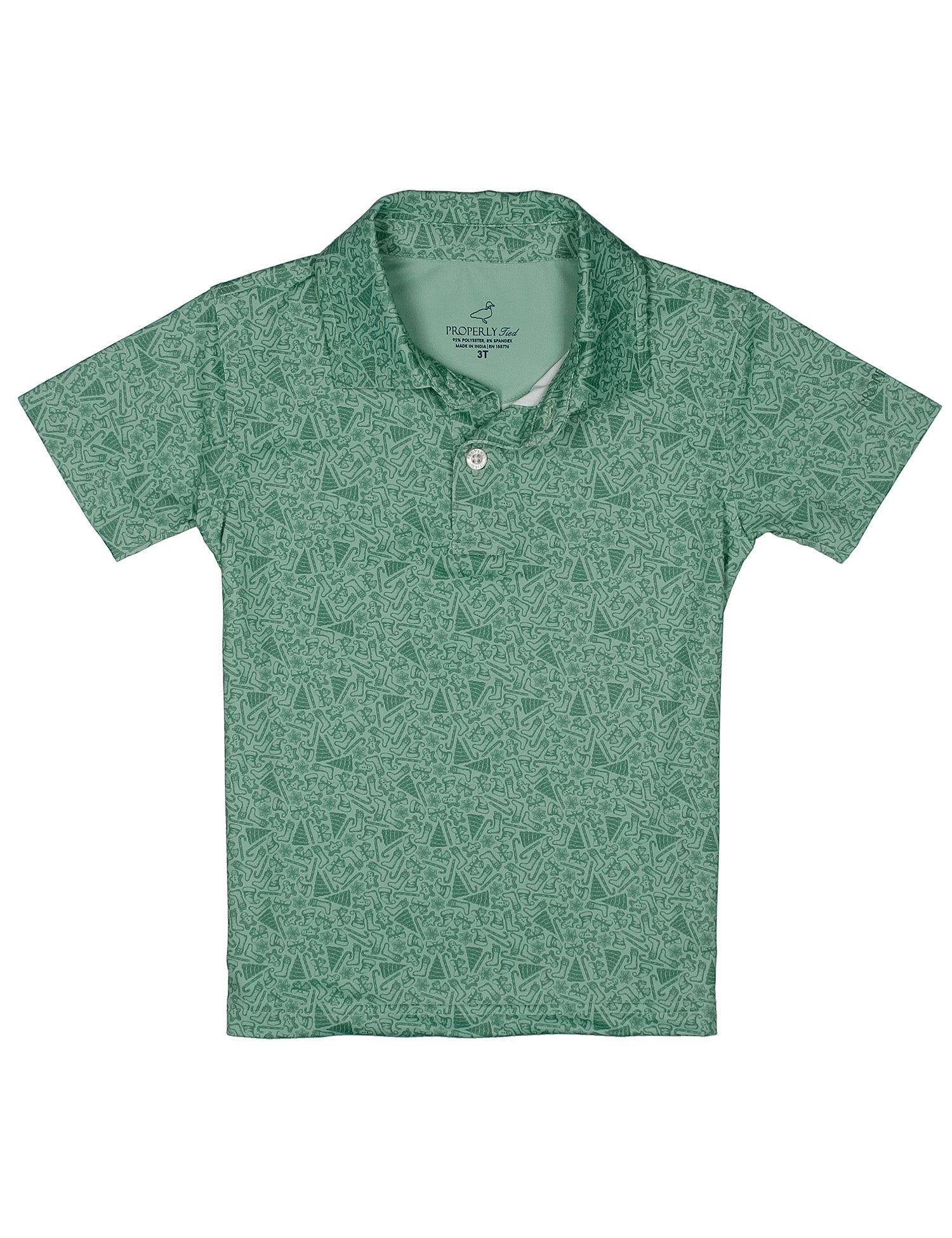 Green Properly Tied boys polo shirt with short sleeves and button collar featuring an allover Christmas tree pattern for festive holiday style