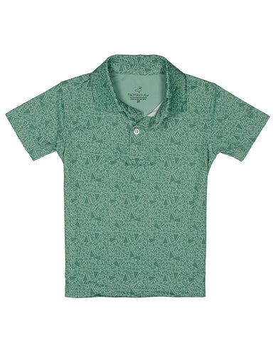 Green Properly Tied boys polo shirt with short sleeves and button collar featuring an allover Christmas tree pattern for festive holiday style