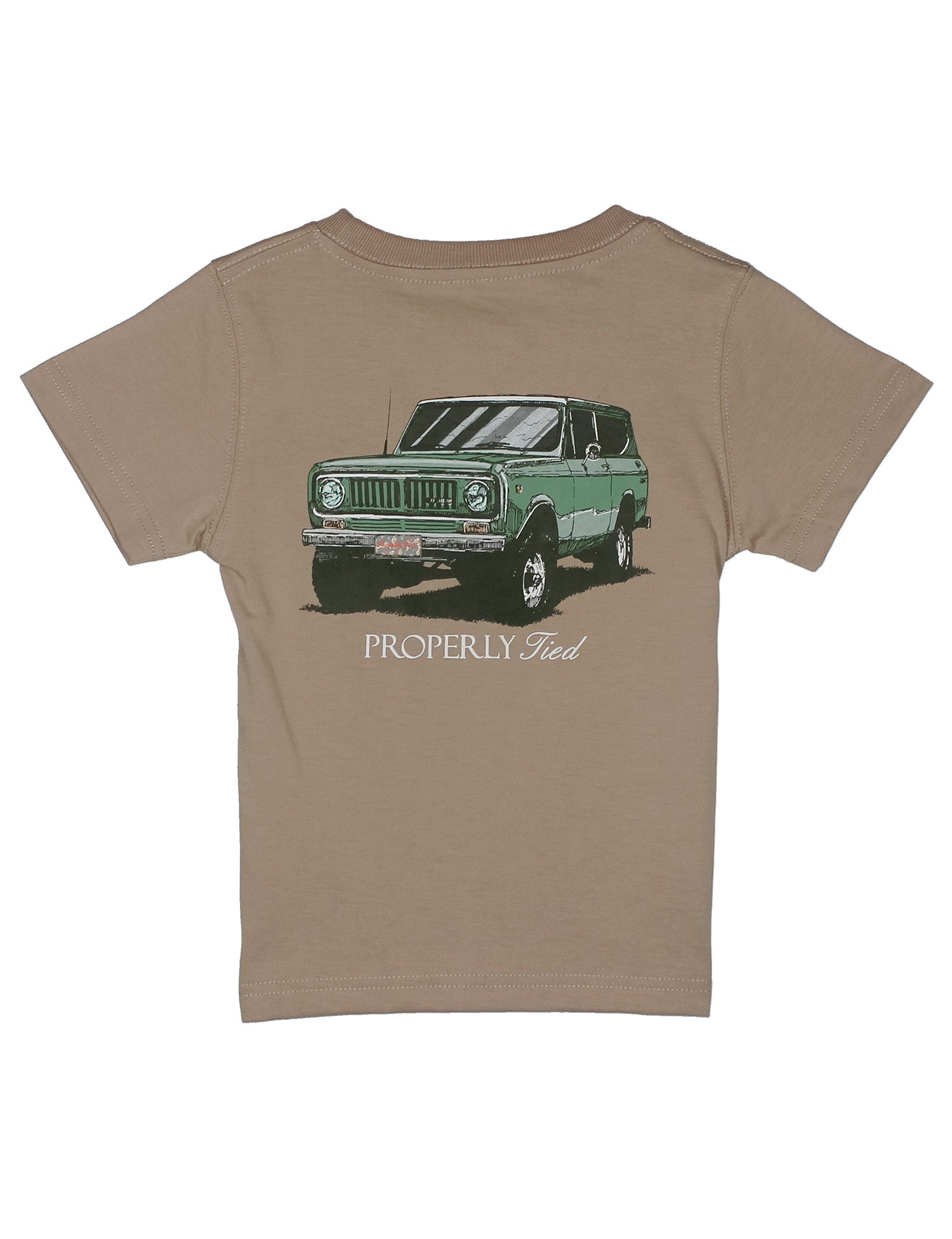 Brown t-shirt with a green SUV graphic and 'Properly Fed' text on a white background