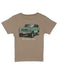 Brown t-shirt with a green SUV graphic and 'Properly Fed' text on a white background