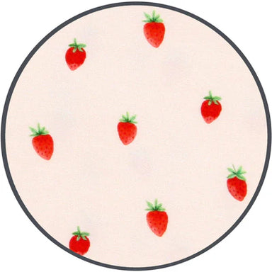 Fabric sample with red strawberry pattern on a white background