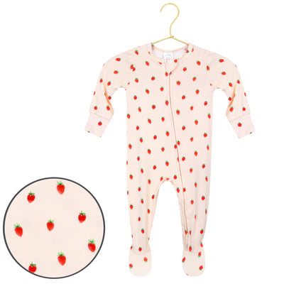 Baby onesie with strawberry pattern on a white background