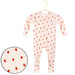 Baby onesie with strawberry pattern on a white background